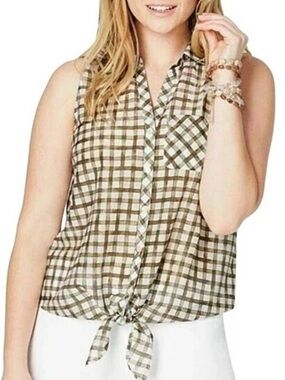 J. Jill Silk Cotton Blend Window Pane Plaid Sleveless Tie Front Blouse Sz Large